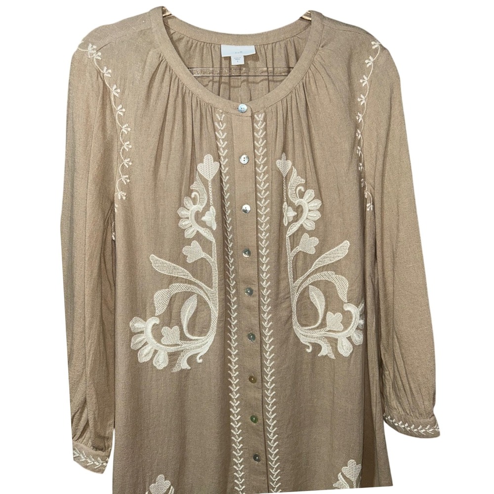 J.Jill Womens Embroidered Long Sleeve Button Front Linen Blend Dress Tan Small - Picture 6 of 8